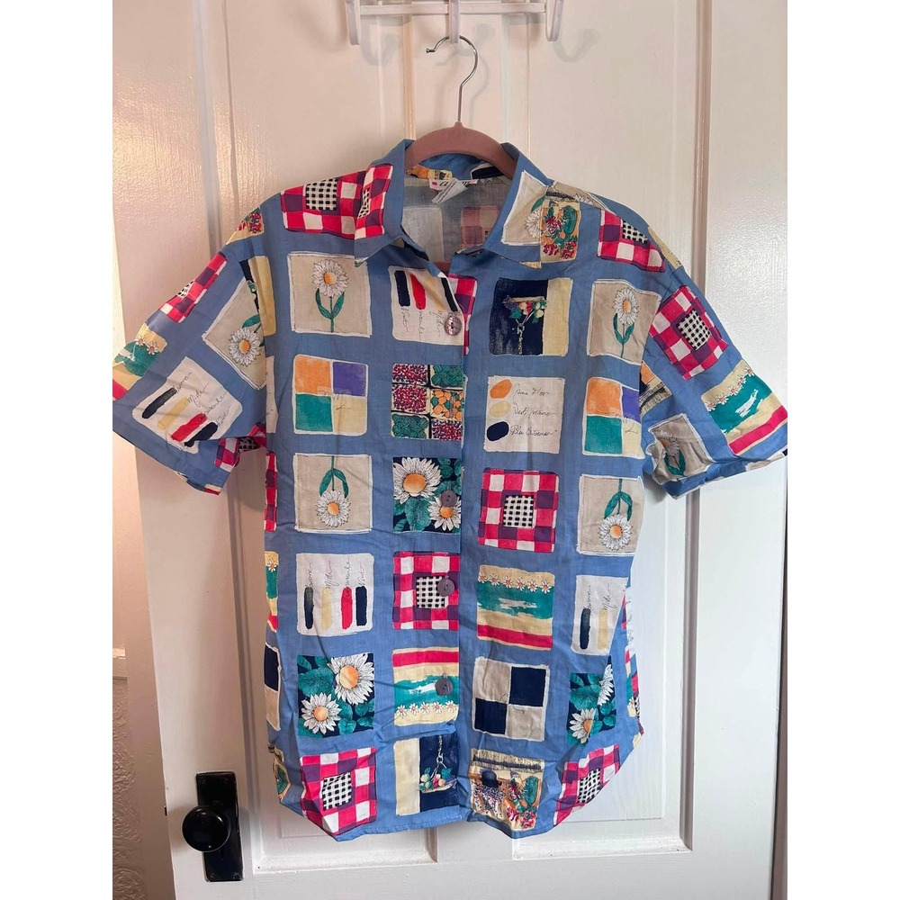 Act III Button Up Shirt Womens Small Blue Excellent 90s Novelty Daisy Patchwork